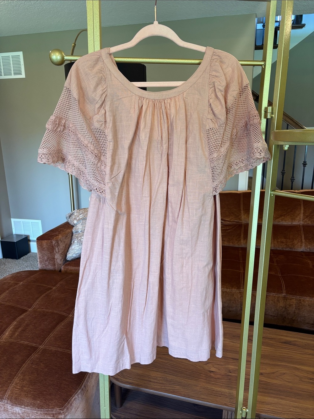 Old Navy Dusty Rose Mini Dress with Crochet Flutter Sleeves